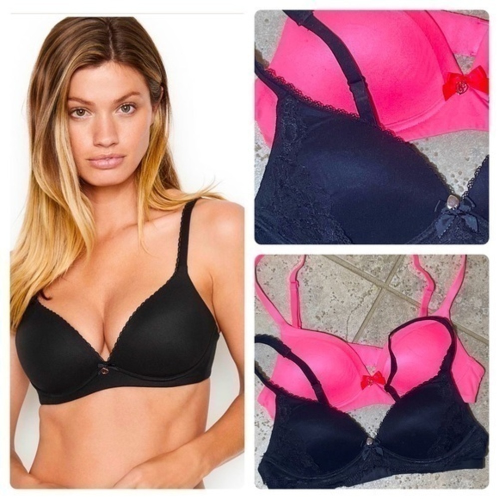 2 Victoria's Secret Body by Victoria no-wire bras black with lace and pink/coral